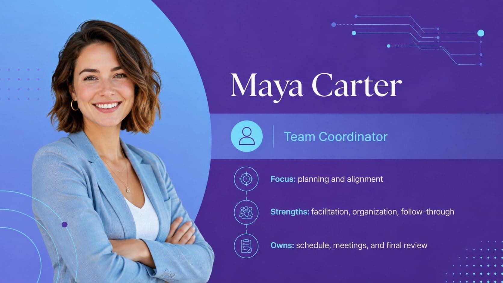 Editable team profile presentation slide highlighting a coordinator's focus, strengths, and responsibilities.