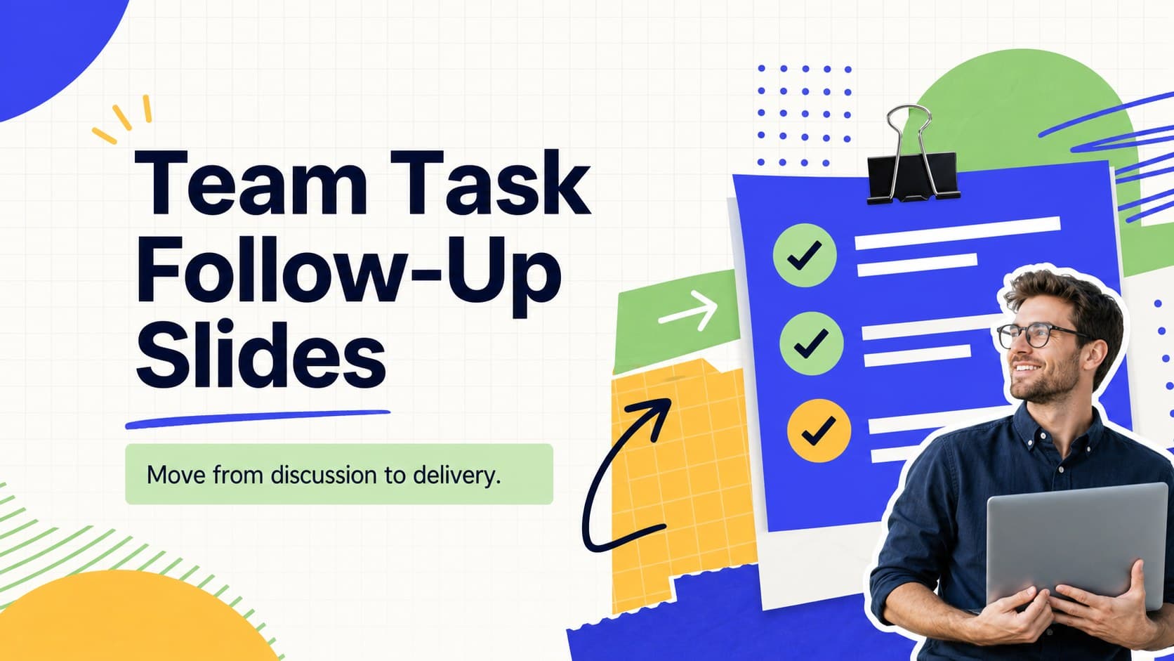 Colorful cover for Team Task Follow-Up Slides with blue, green, and yellow collage accents.