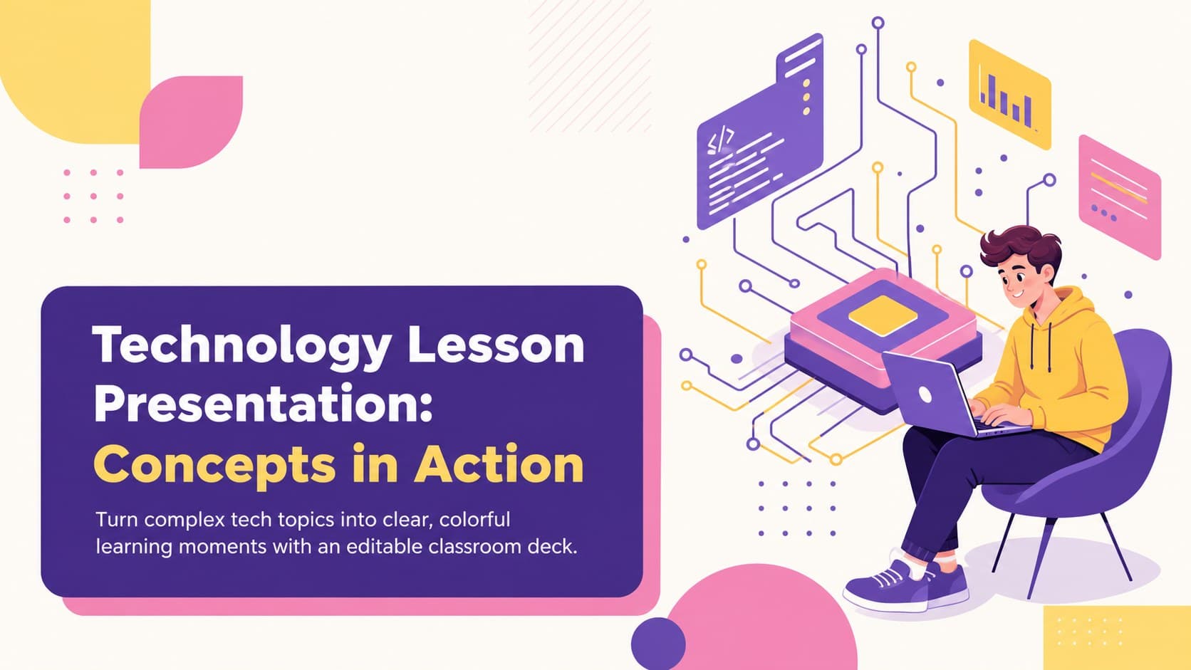Colorful cover slide introducing a technology lesson presentation with illustrated digital learning elements.
