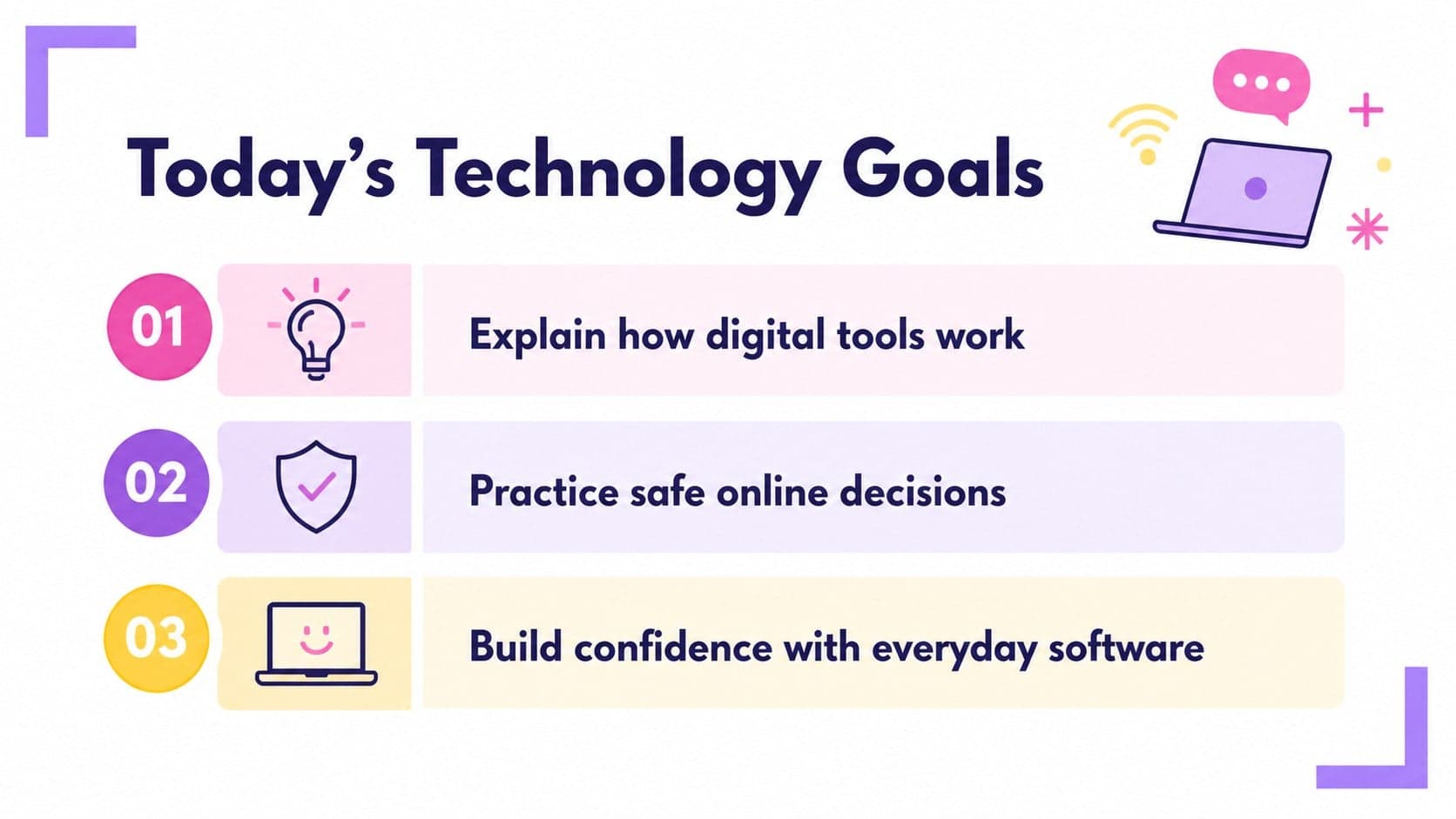 Lesson objectives slide showing digital literacy goals with bright illustrated icons.