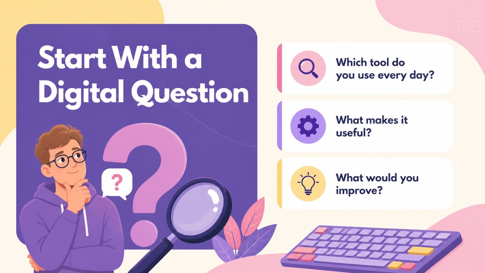 Technology warm-up slide with colorful question prompts for an IT classroom.
