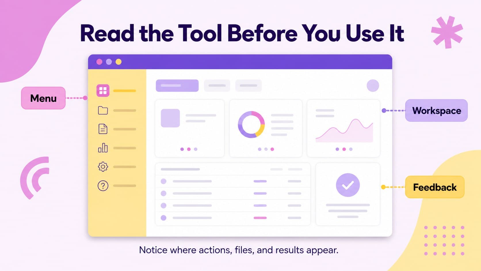 Software basics slide using a colorful interface-style layout to explain tool functions.