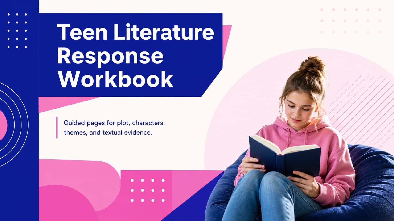 Cover of a blue and pink Teen Literature Response Workbook with bold geometric academic styling.