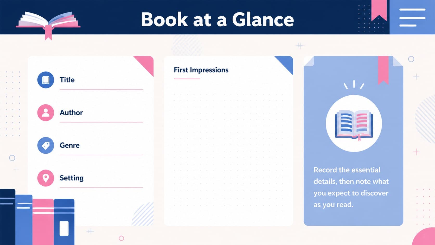 Book overview page from an editable literature analysis workbook with fields for title, author, genre, and setting.