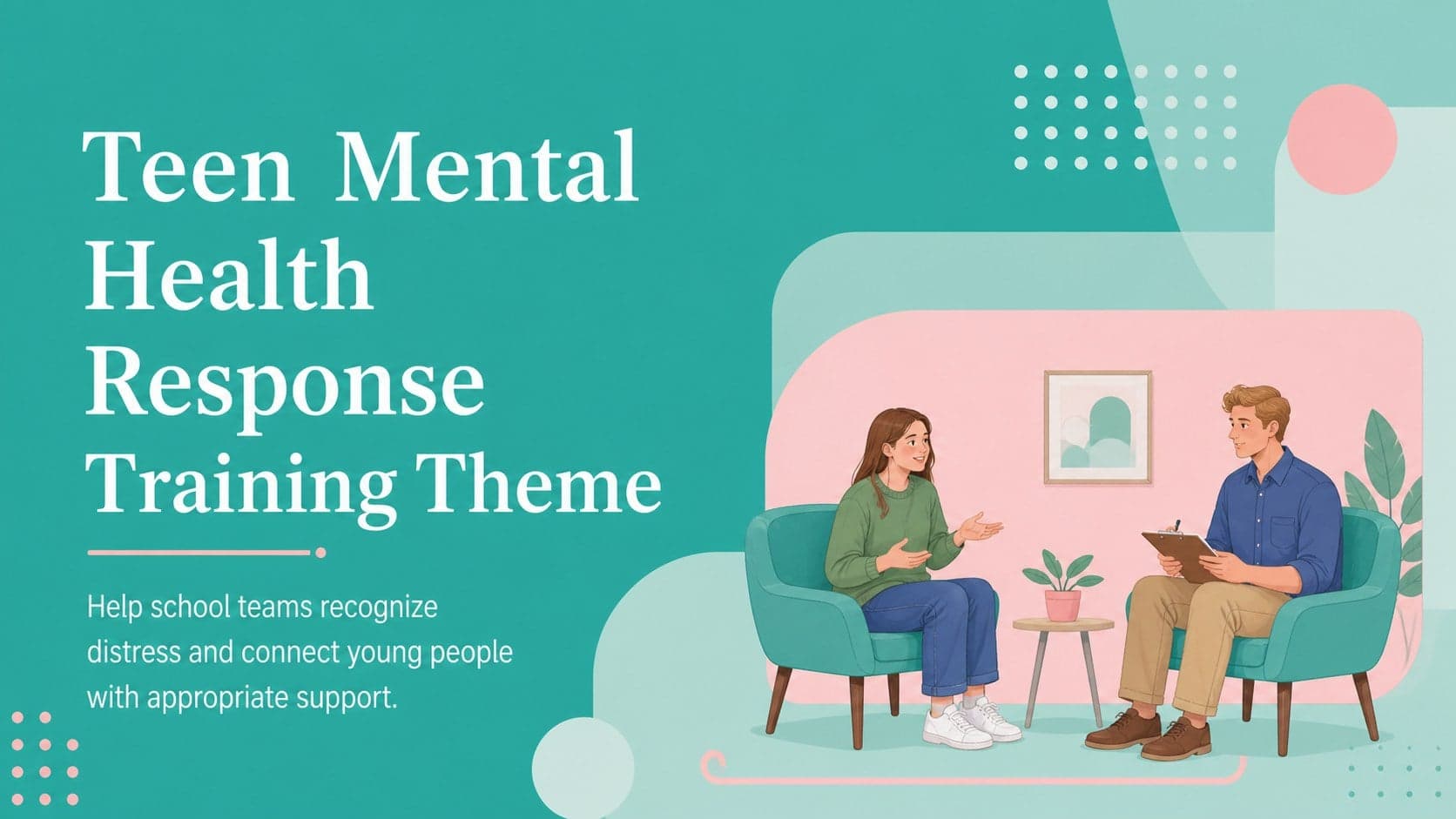 Cover for a teen mental health response training theme with green and pink geometric illustrations.