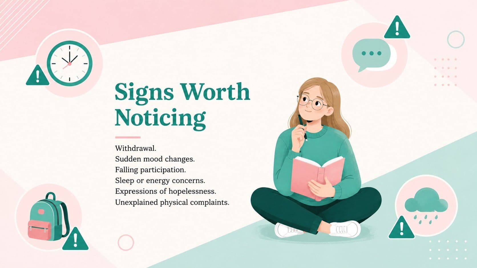 Student distress warning signs presentation slide with behavioral and emotional indicators.