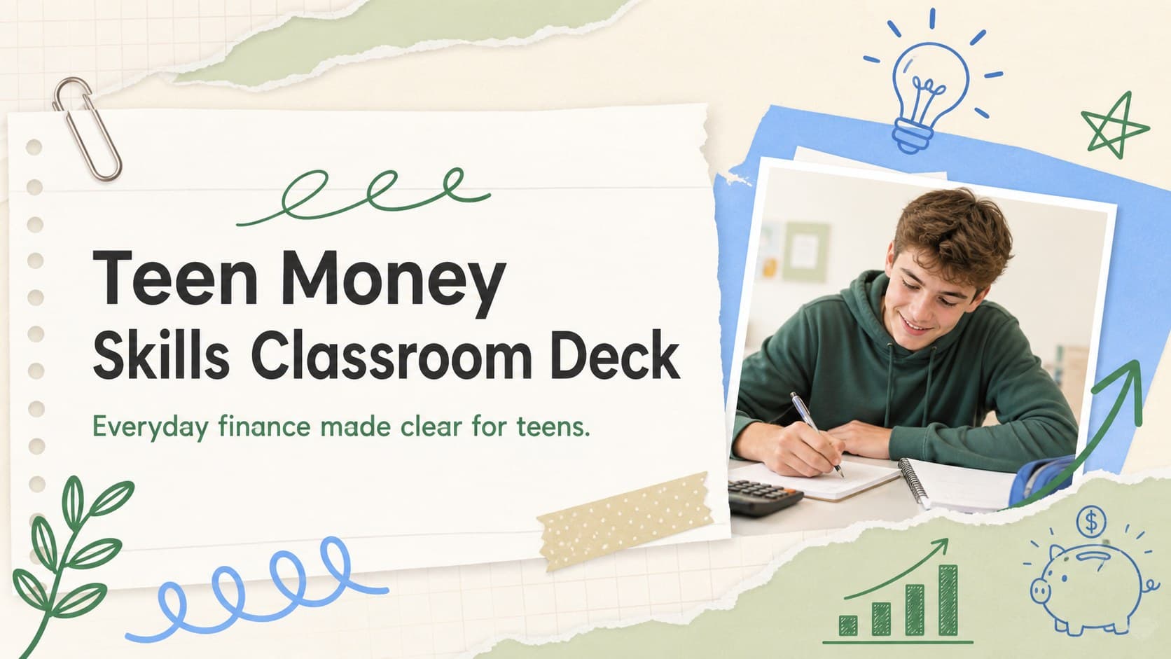 Cover of the Teen Money Skills Classroom Deck with colorful finance doodles on a warm beige background.