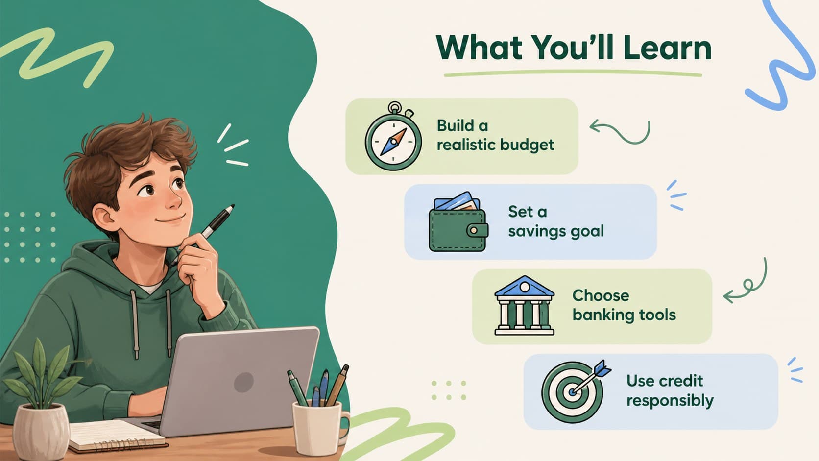 Financial literacy presentation for teens showing learning goals for budgeting, saving, banking, and credit.