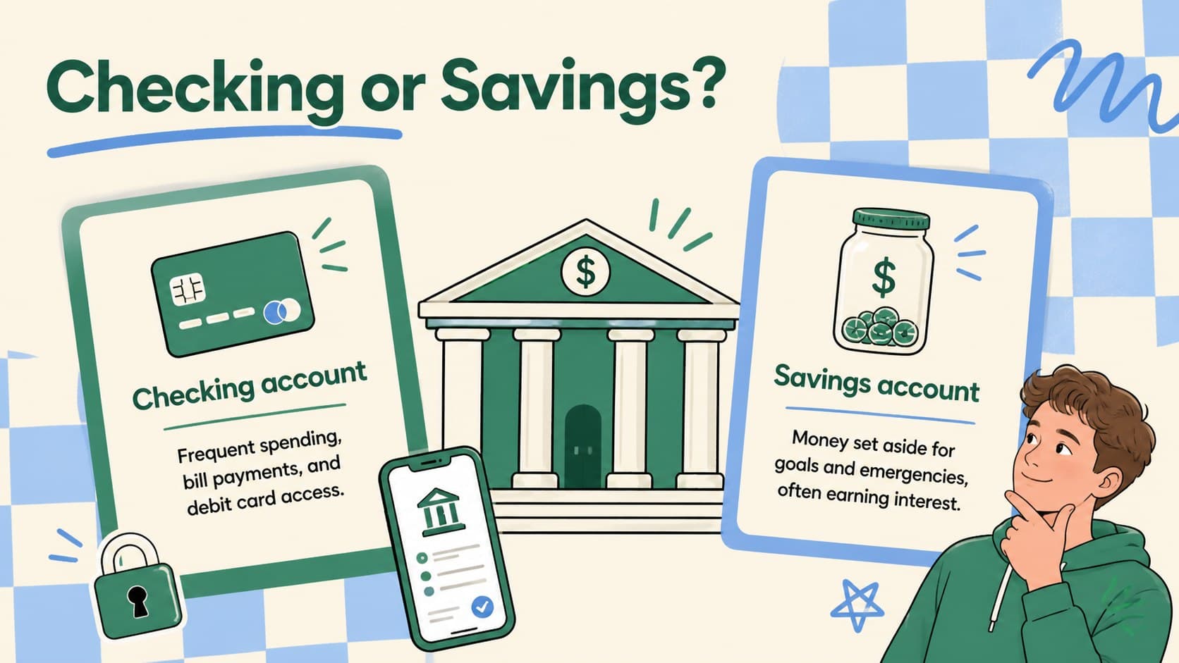 Teen banking basics presentation comparing checking and savings accounts.
