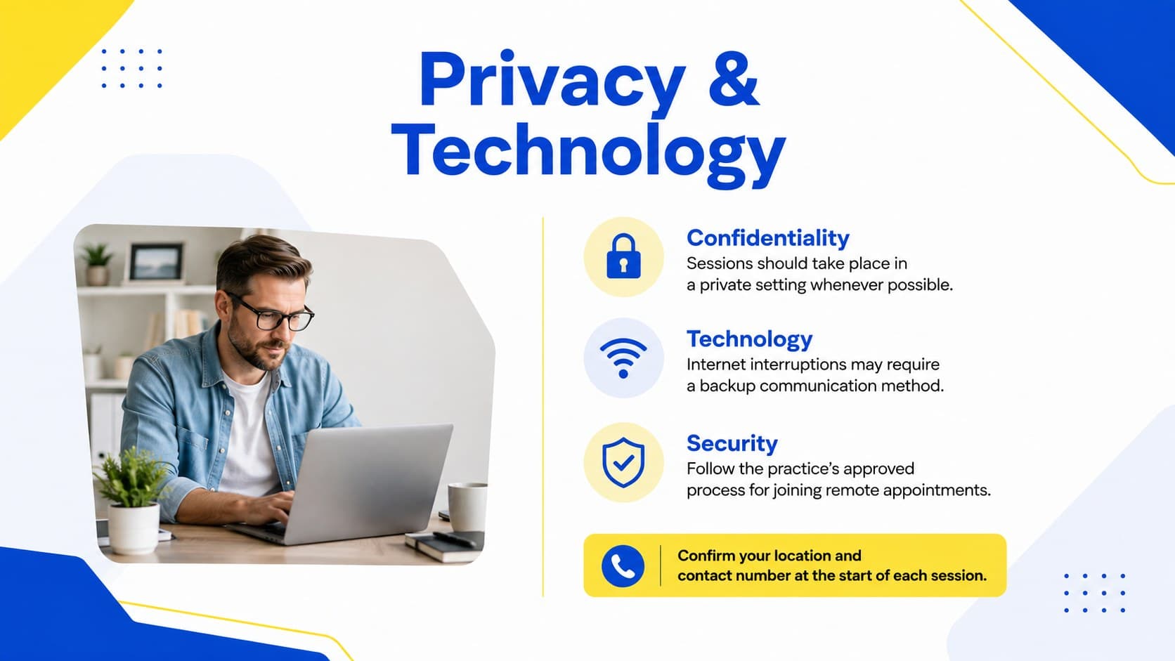 Telehealth privacy and technology consent slide covering confidentiality, connection issues, and secure participation.
