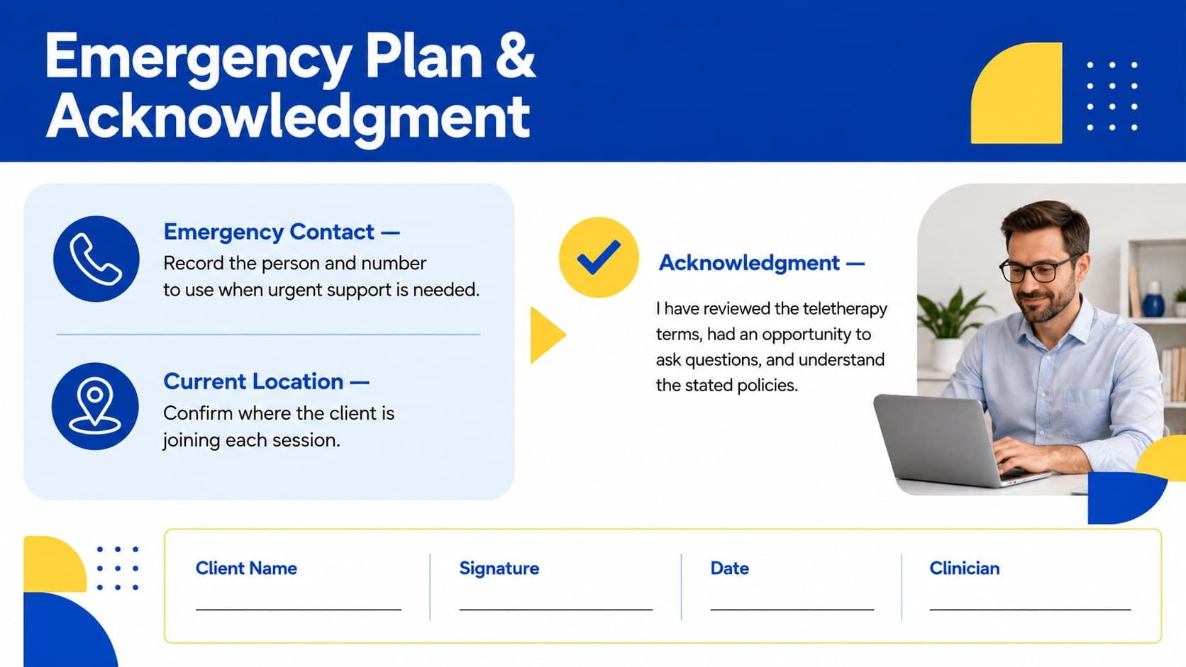 Remote therapy client agreement slide with emergency planning prompts and consent signature fields.