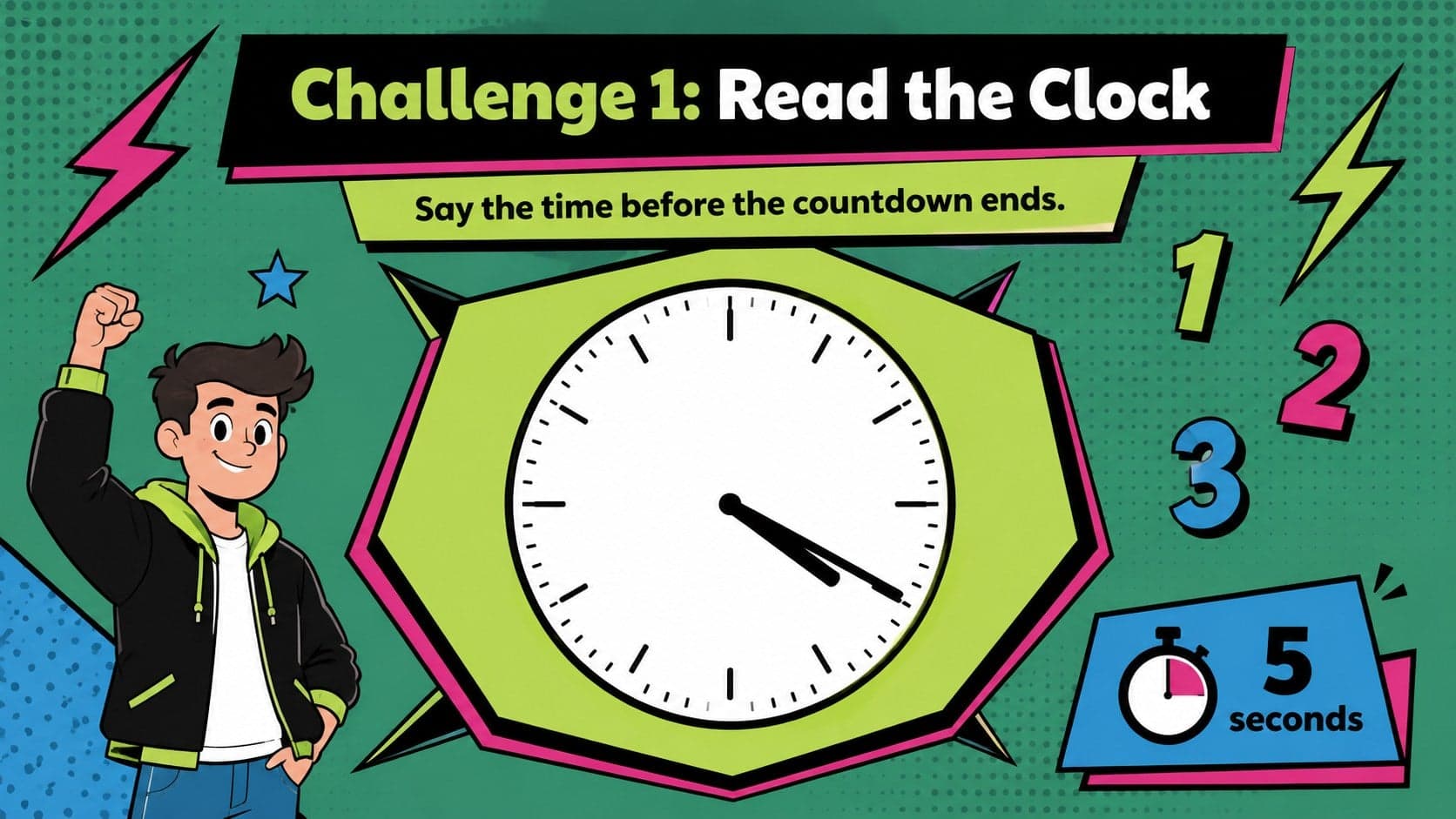 Analog clock reading game slide asking students to identify the displayed time.