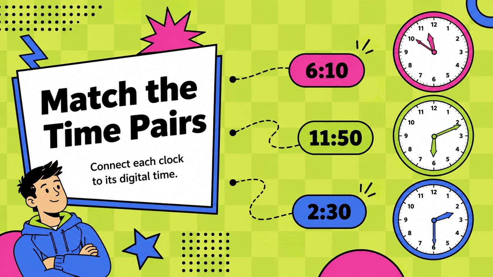 Digital and analog time matching activity featuring three clock pairs for elementary math practice.
