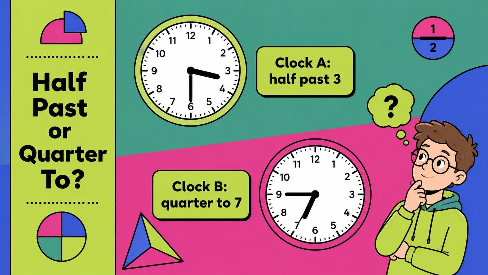 Quarter-hour and half-hour clock face practice slide with clear illustrated examples.