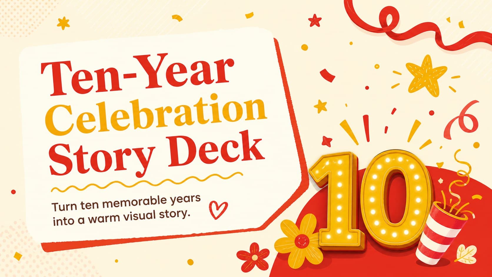 Cover of the Ten-Year Celebration Story Deck with cheerful red-and-yellow anniversary illustrations.