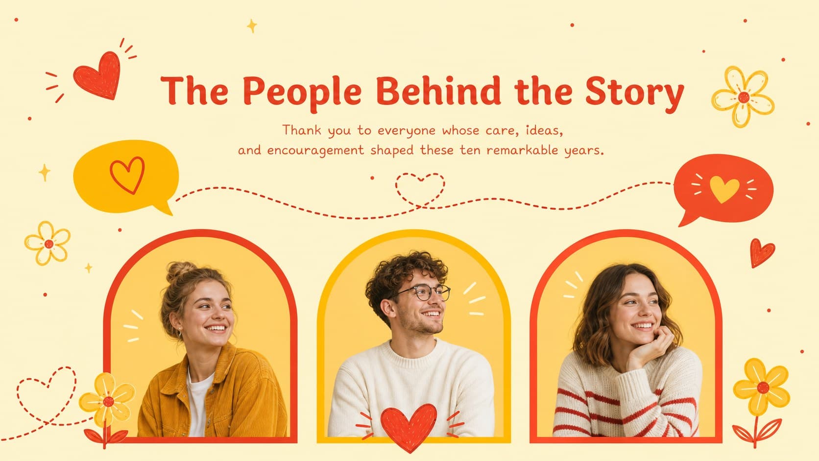 Ten-year celebration story deck slide honoring the people who shaped the anniversary journey.