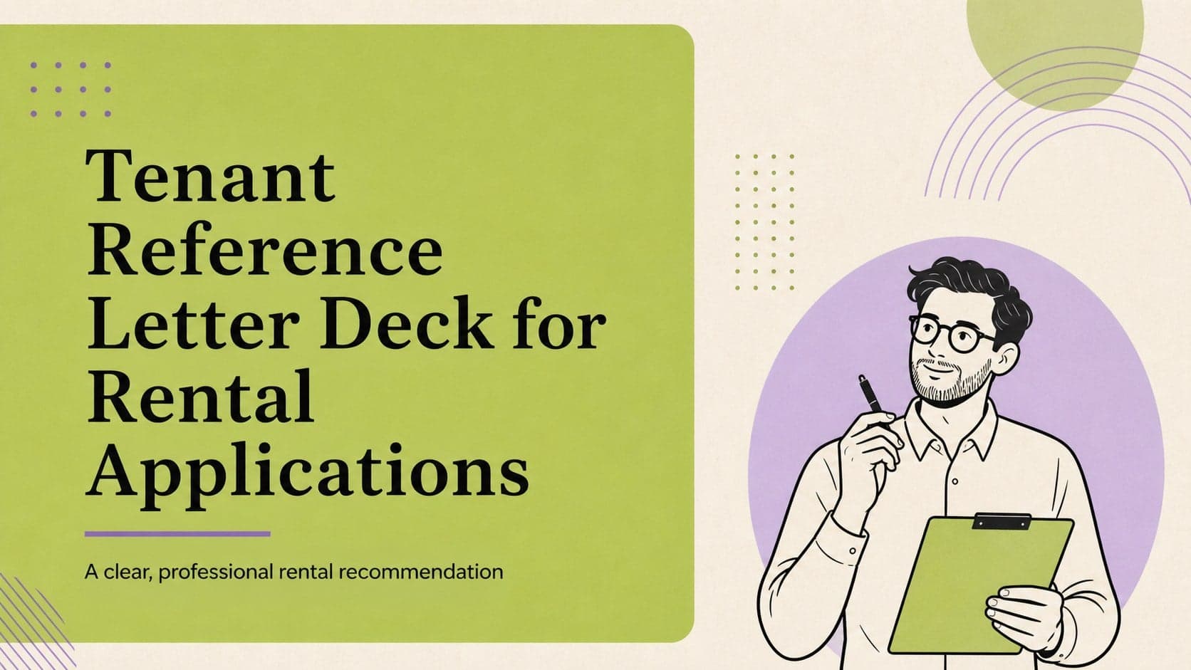 Cover slide for a tenant reference letter deck showing a modern beige, green, and purple rental recommendation design.