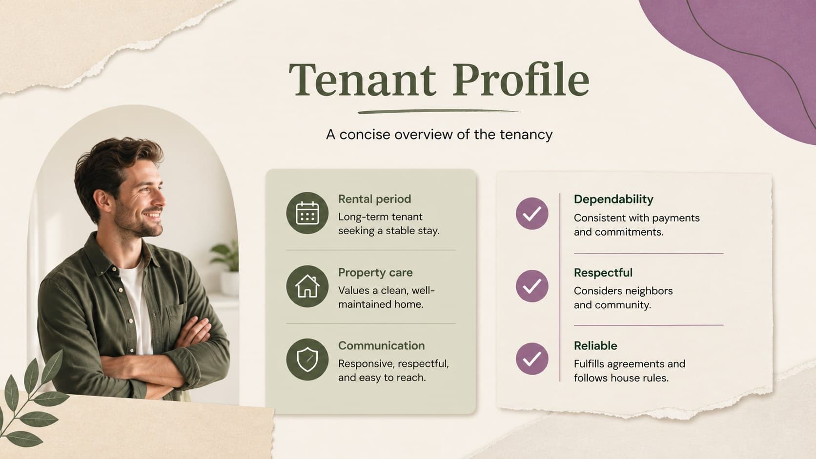 Tenant profile slide outlining rental dates, property care, and communication habits for a rental application reference.