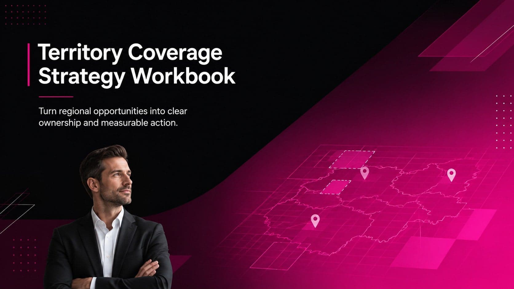 Cover of a territory coverage strategy workbook with bold black typography, pink gradient accents, and a clean sales planning layout.