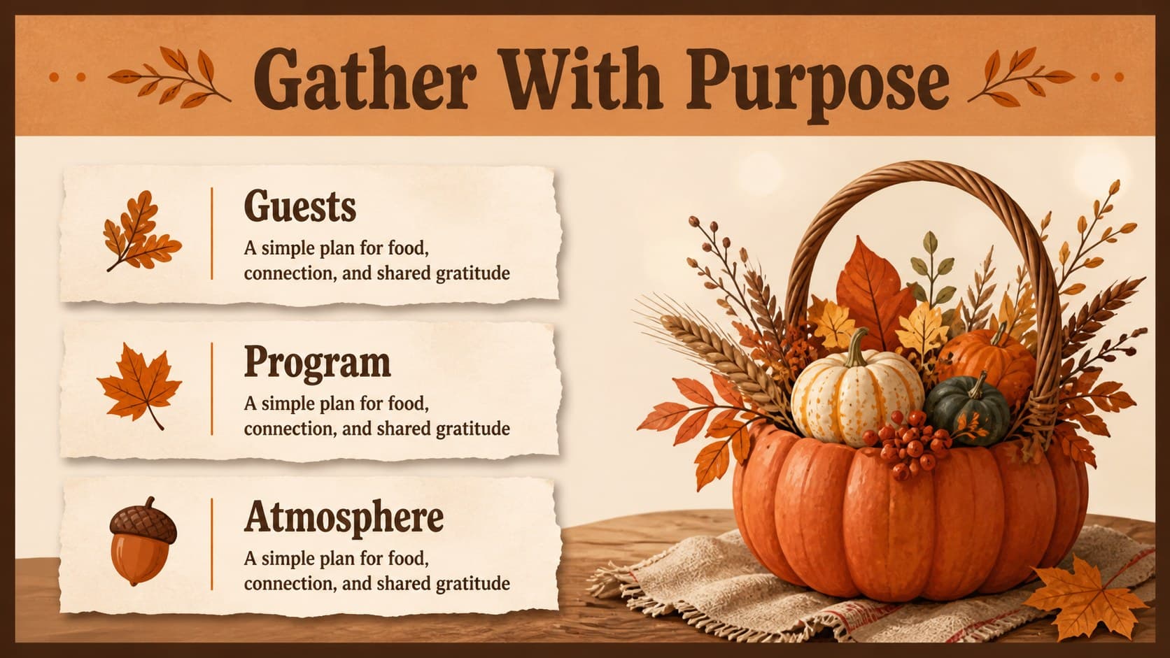 Illustrated Thanksgiving event overview slide showing goals, audience, and key planning details.