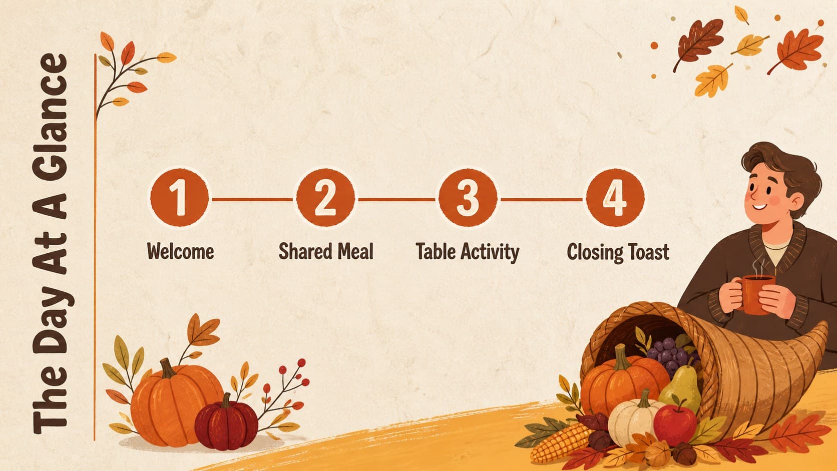 Thanksgiving celebration planning slide with an illustrated event agenda and festive autumn details.