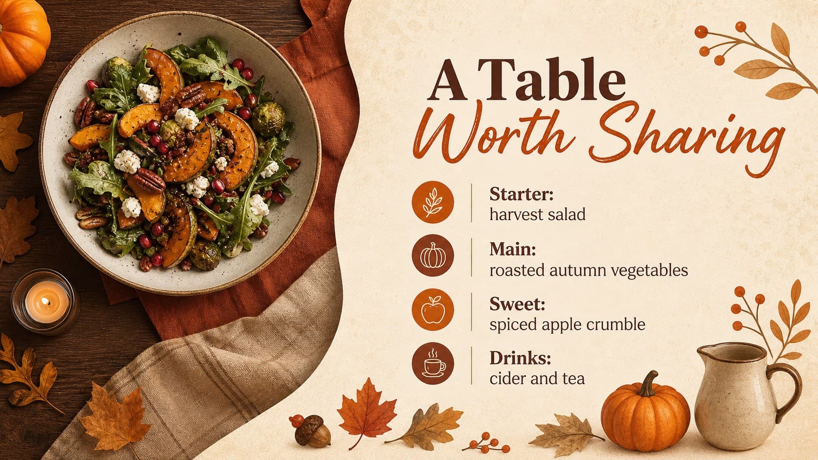 Thanksgiving dinner program slide with a warm illustrated menu and meal sequence.