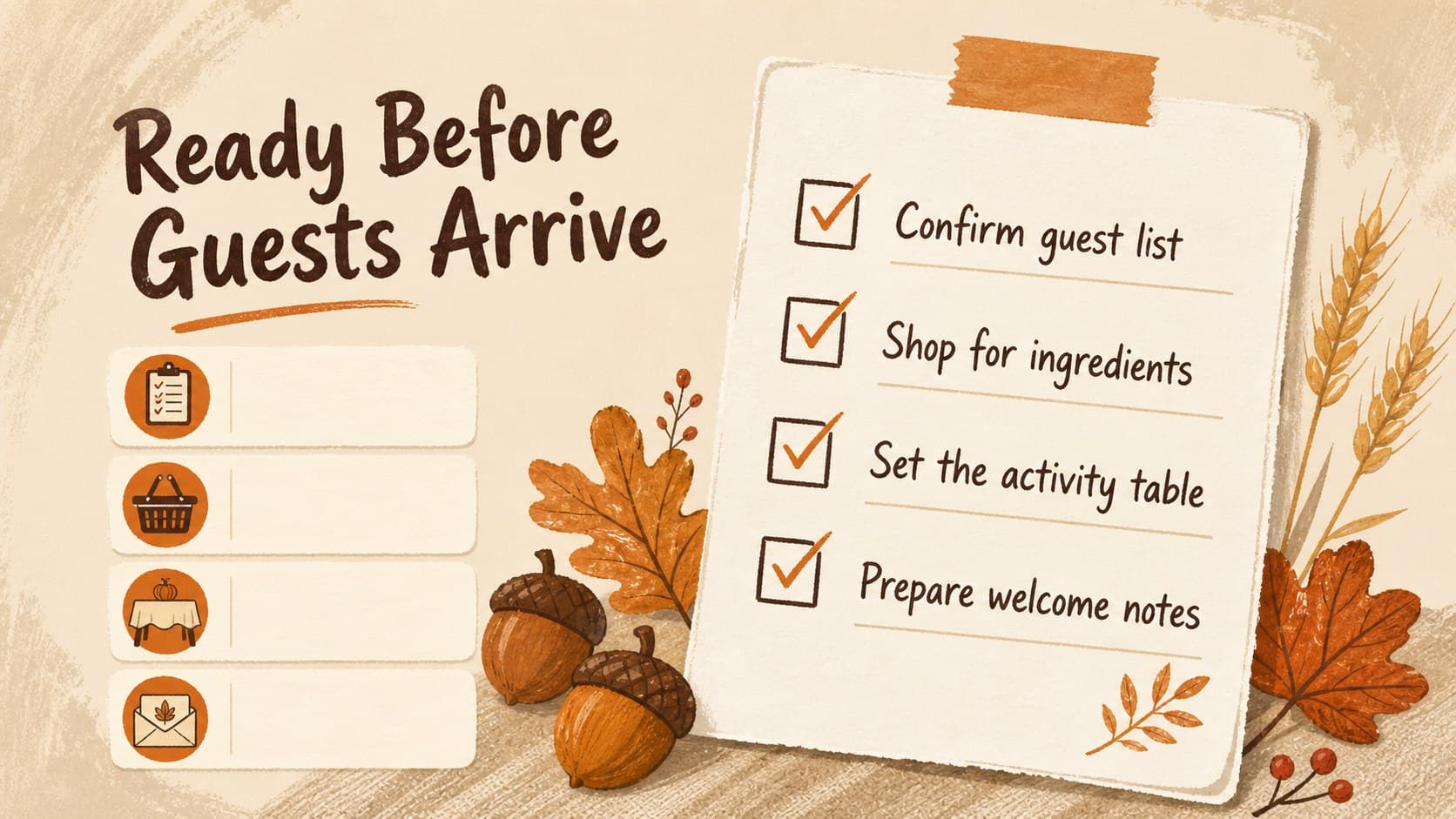 Thanksgiving planning checklist slide showing preparation tasks in an illustrated paper layout.
