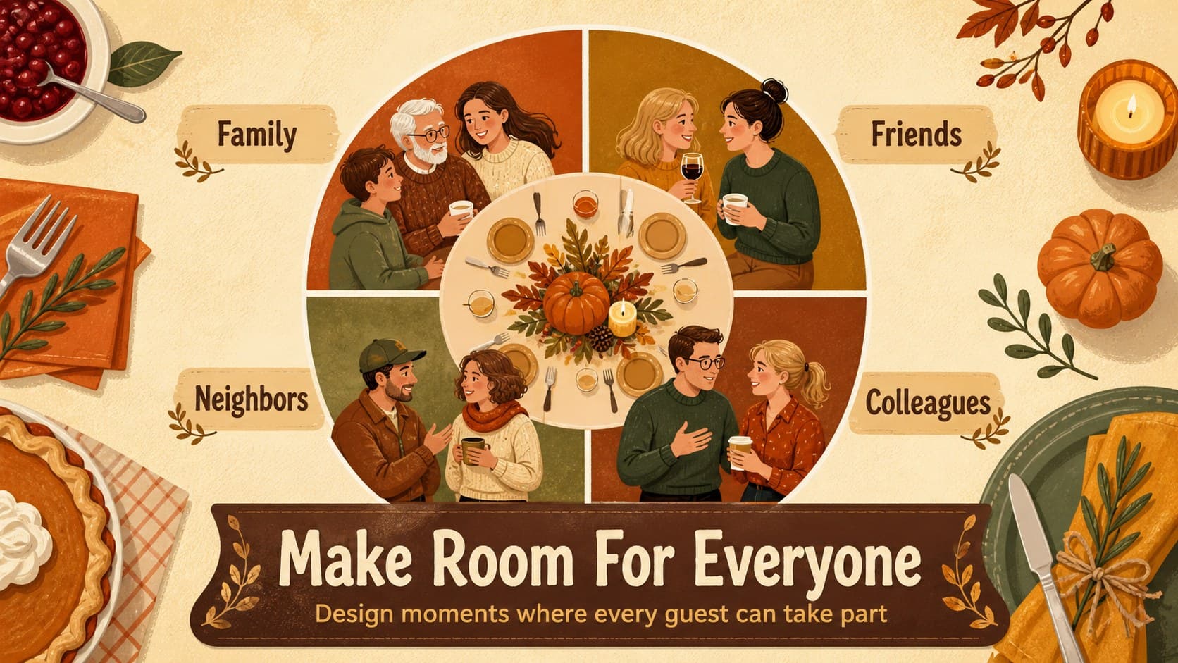Holiday gathering audience slide describing guests and participation with playful Thanksgiving illustrations.
