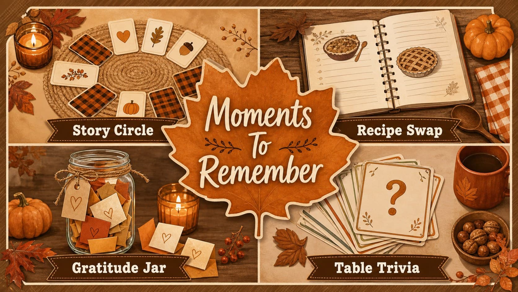 Thanksgiving activity slide with illustrated ideas for conversation, crafts, and group participation.