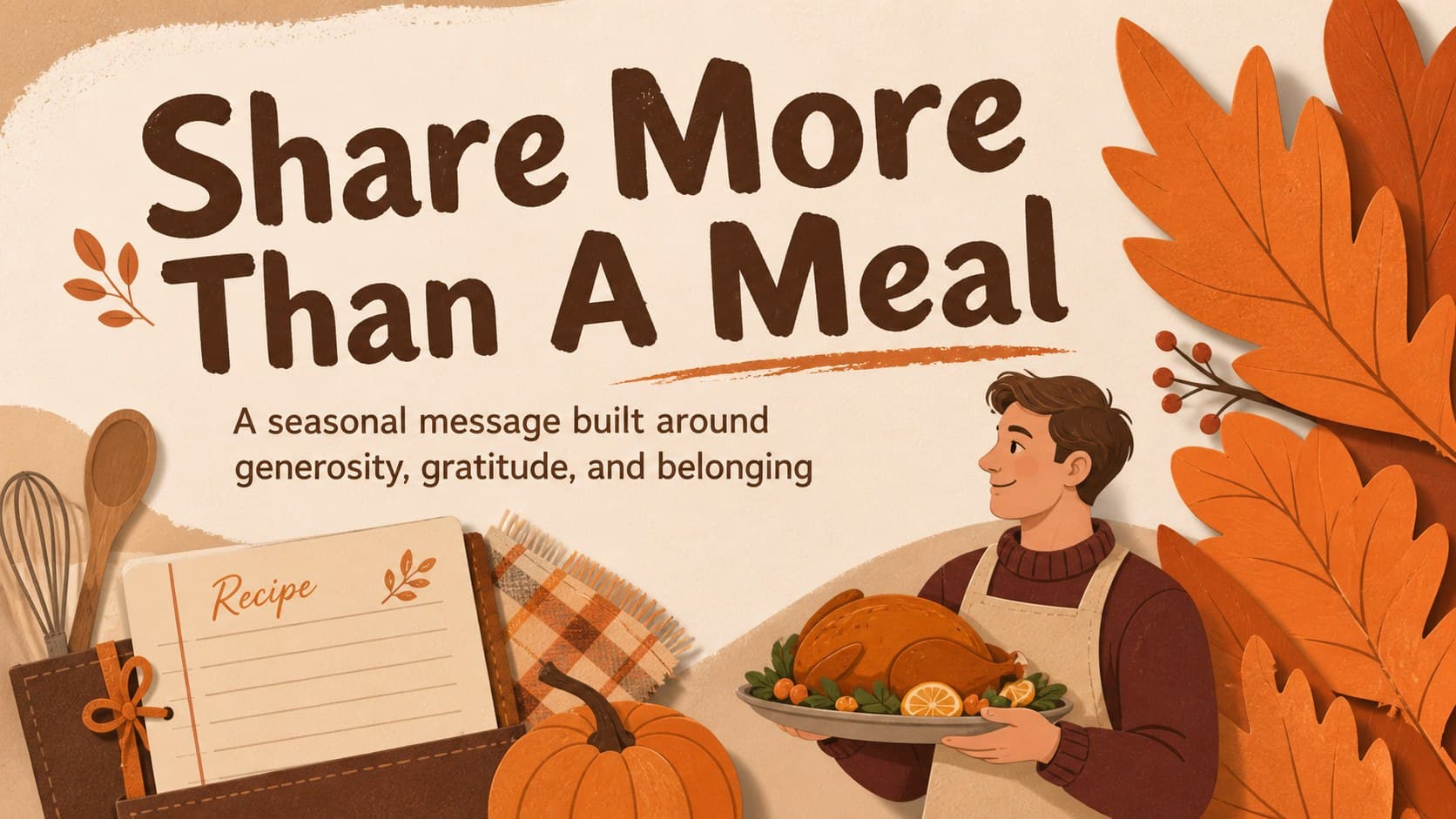 Thanksgiving campaign slide presenting a seasonal message with bold illustrated food and leaf accents.