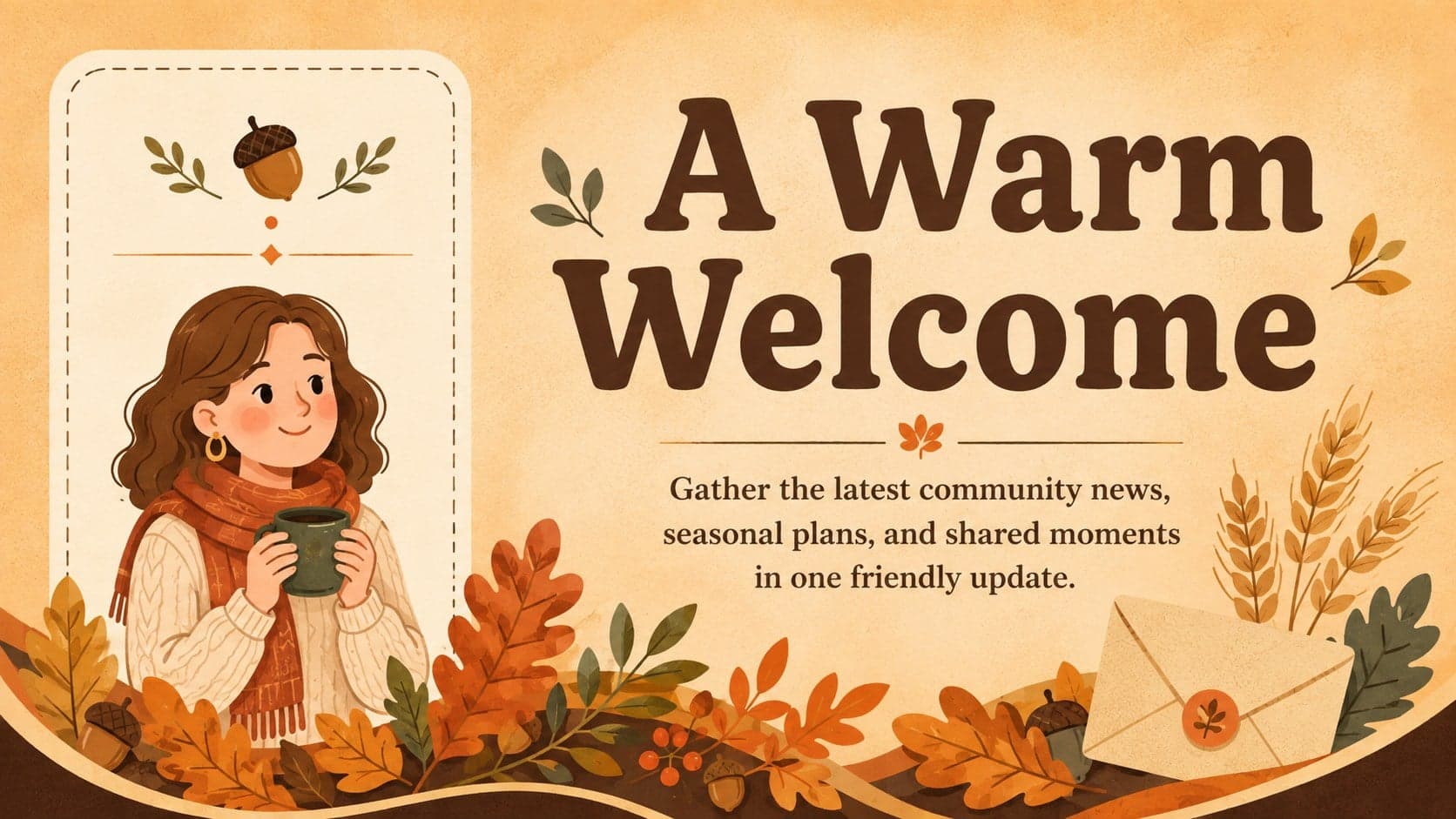 Thanksgiving newsletter welcome slide featuring a seasonal editor message and illustrated autumn foliage.