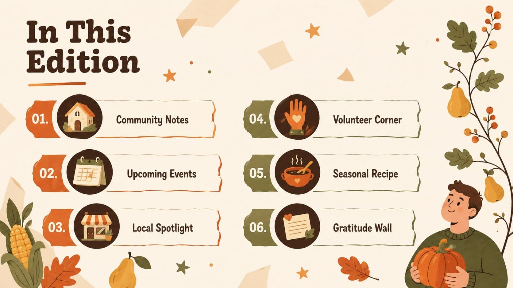 Seasonal newsletter contents page listing Thanksgiving community updates, events, recipes, and gratitude stories.