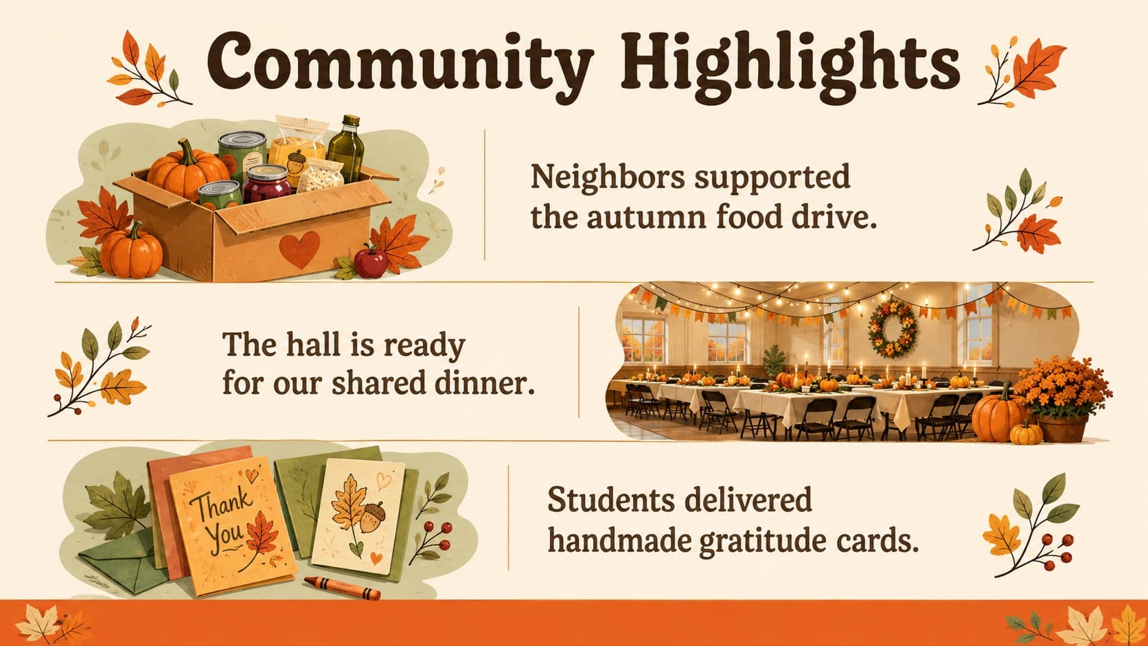 Community highlights newsletter slide with three illustrated Thanksgiving news stories in an organized editorial layout.