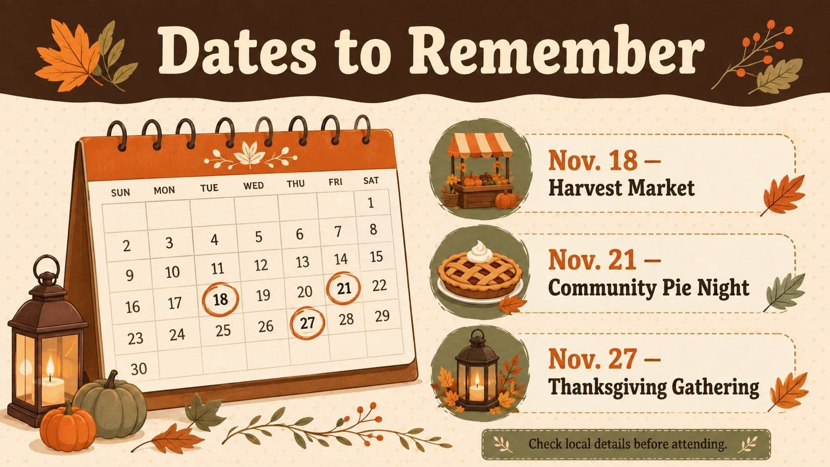 Fall event announcement presentation slide showing a Thanksgiving calendar and three community activities.