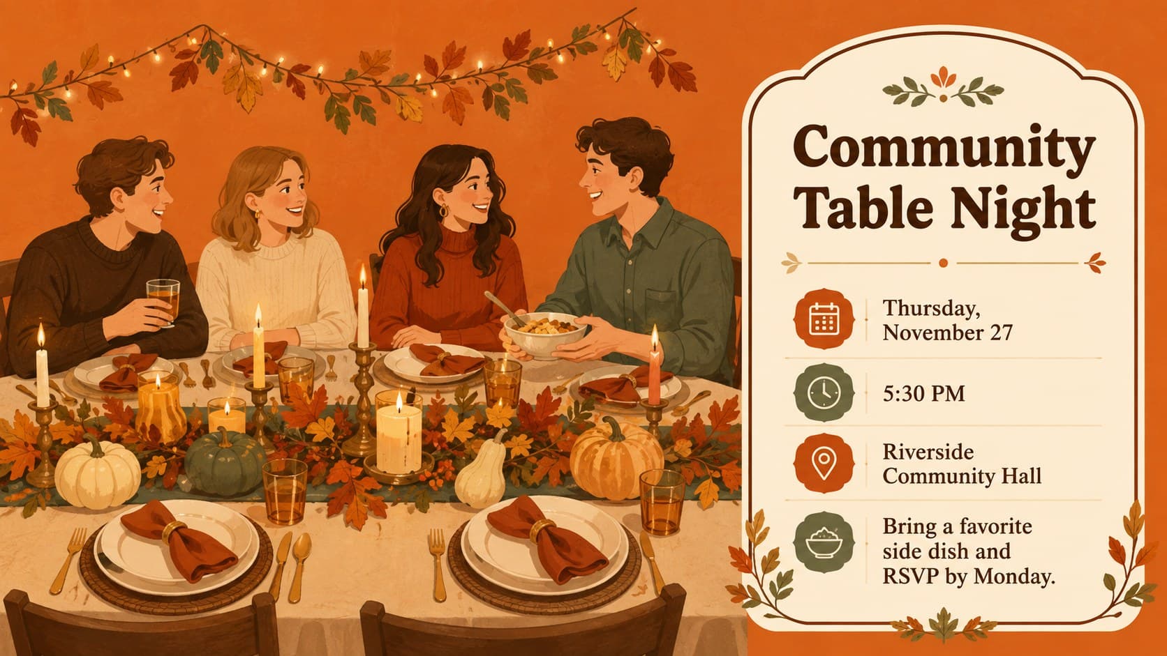 Thanksgiving newsletter event feature with a community table illustration, time, location, and RSVP details.