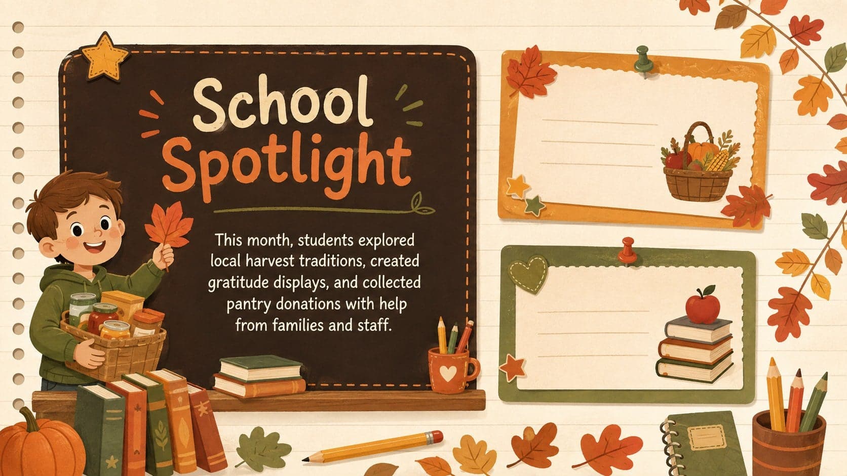 Thanksgiving school newsletter template slide recognizing student projects, helpers, and classroom achievements.