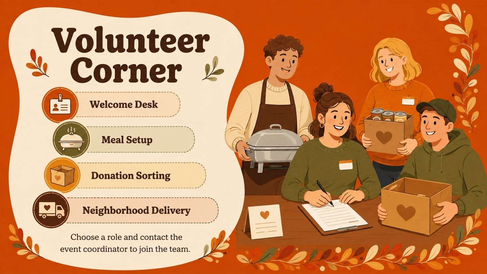 Volunteer corner slide in a holiday community bulletin presentation with roles and sign-up information.