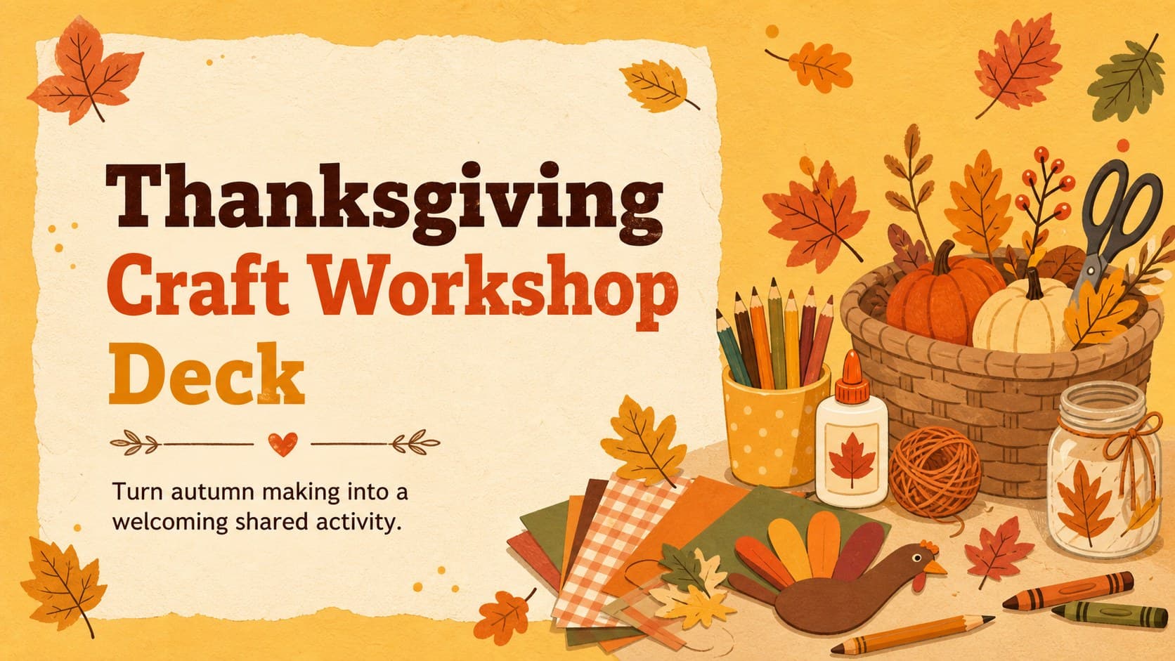 Cover of a Thanksgiving craft workshop deck with warm yellow autumn illustrations and a cheerful creative theme.