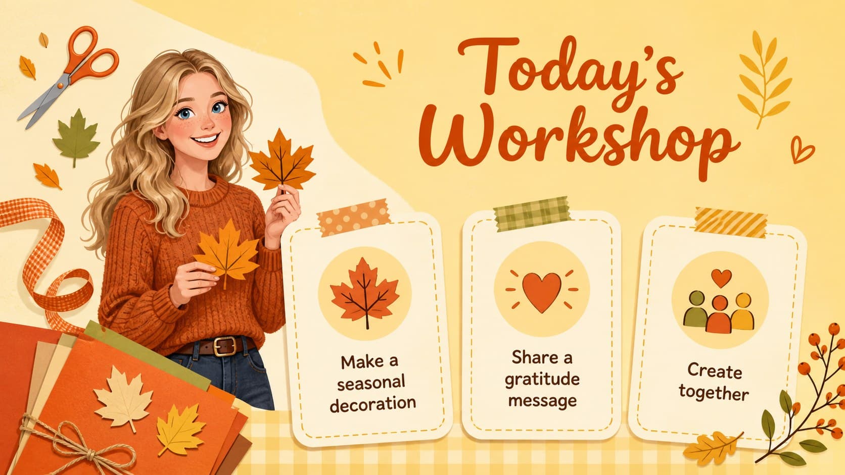 Illustrated Thanksgiving workshop overview slide presenting the goals of a seasonal group craft session.