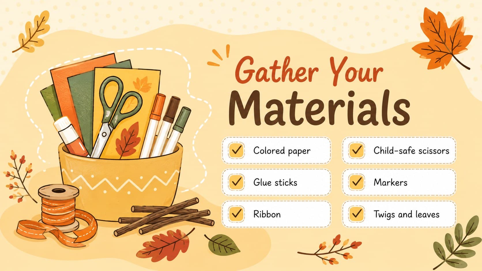 Thanksgiving craft materials checklist slide with illustrated paper, glue, markers, ribbon, and natural decorations.