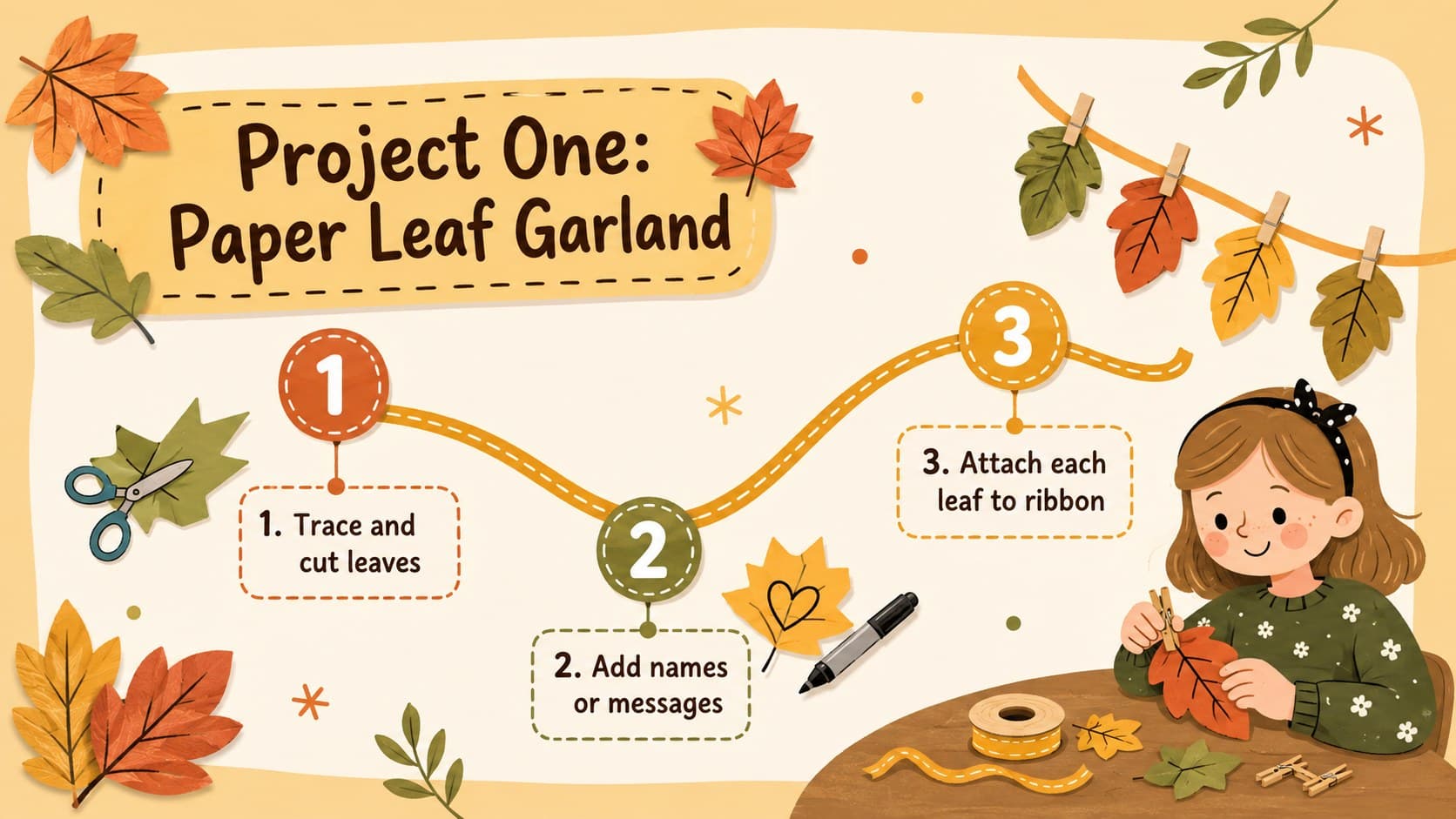 Autumn DIY class slide showing three steps for assembling a colorful paper leaf garland.