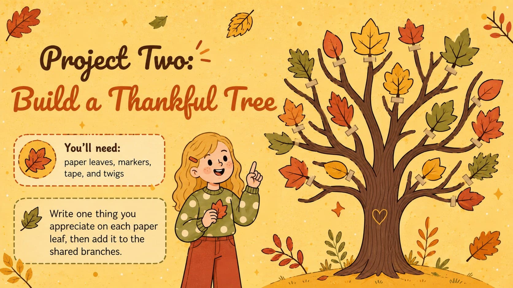 Thankful tree activity slide with illustrated branches, colorful leaves, and concise assembly instructions.