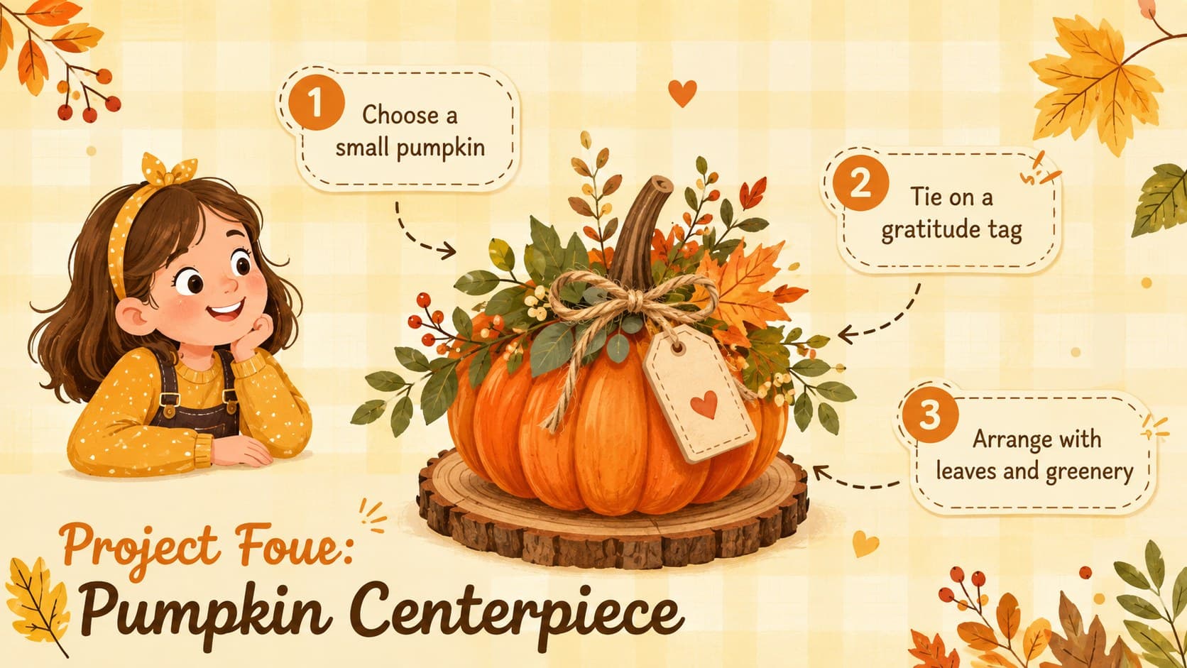 Fall community workshop presentation slide featuring steps for a simple pumpkin table centerpiece.