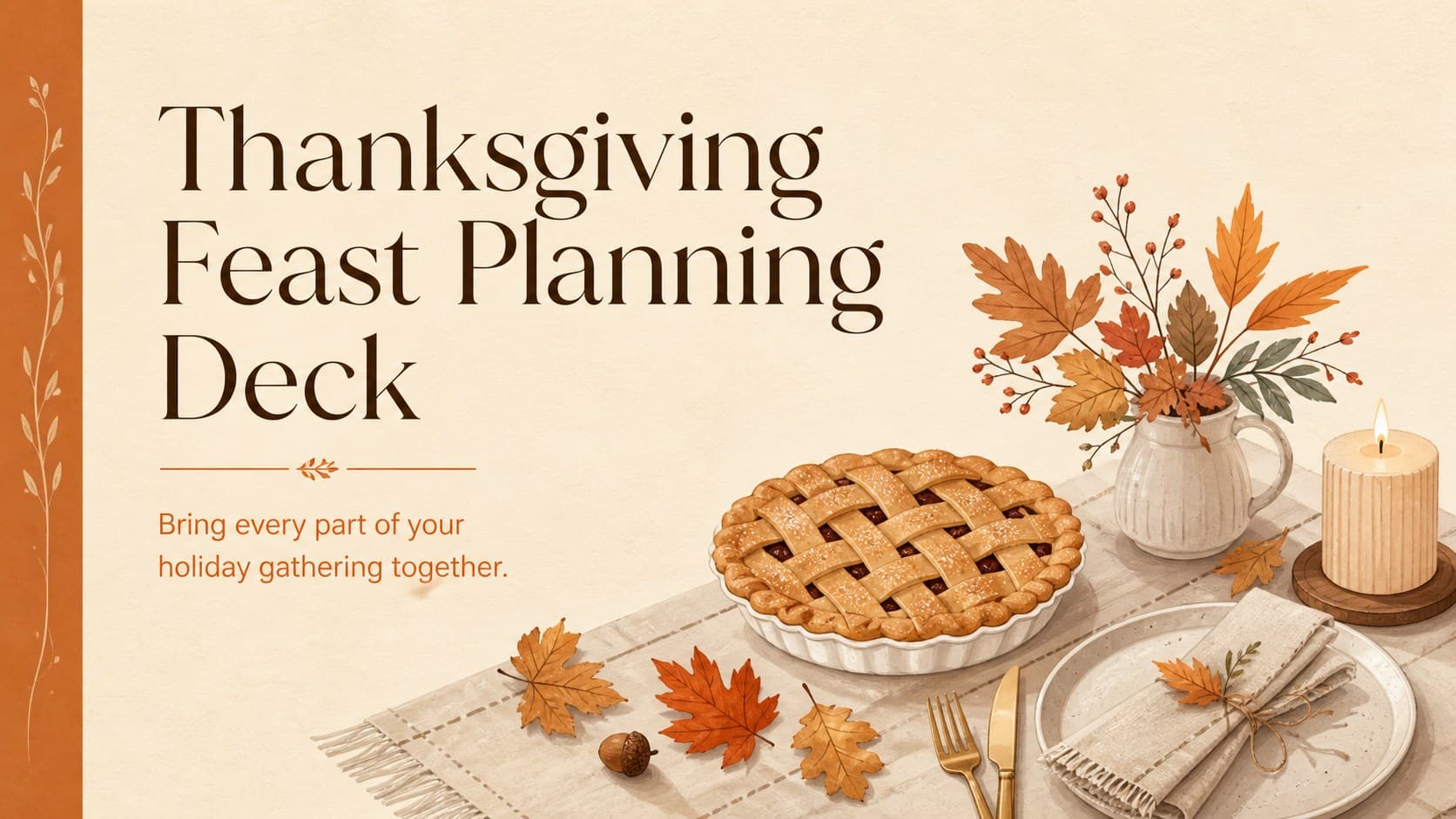 Cover of a Thanksgiving feast planning deck with warm orange harvest illustrations and elegant minimal typography.