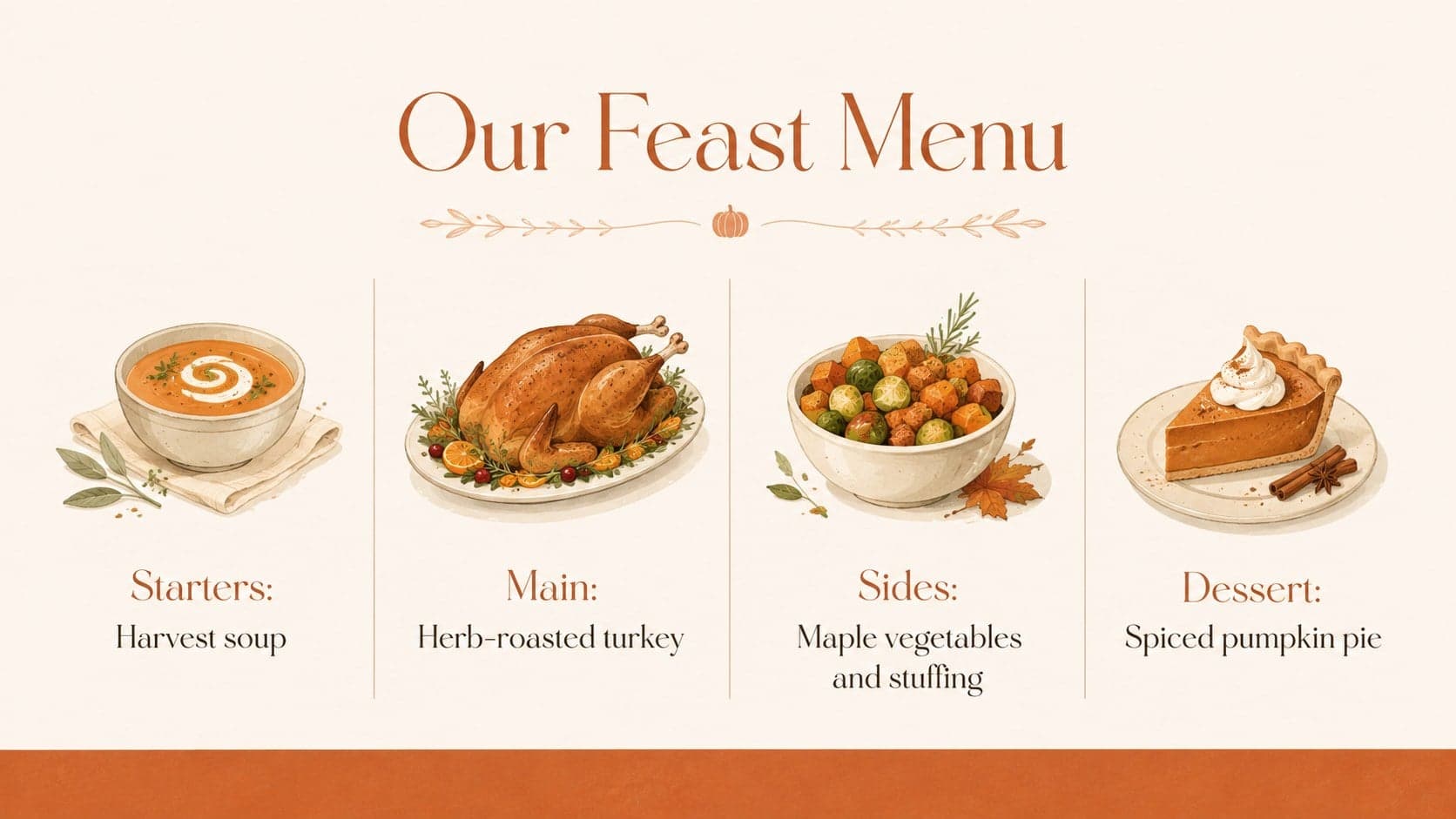 Thanksgiving menu presentation template featuring appetizers, main dishes, sides, and desserts.