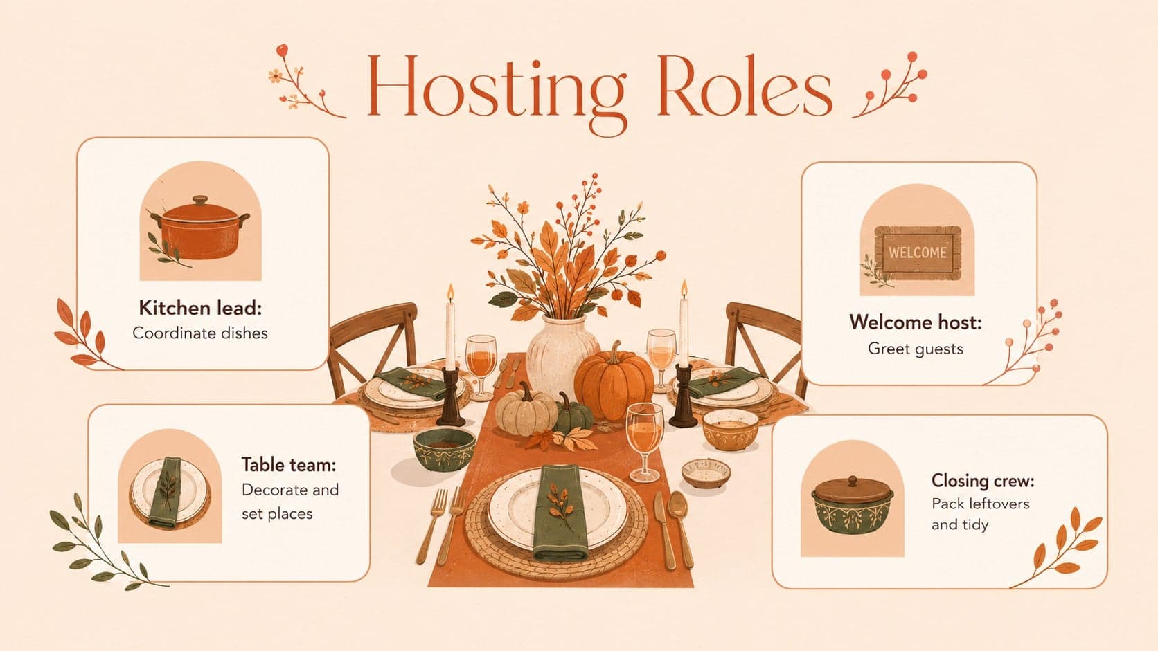 Thanksgiving hosting presentation slide assigning cooking, decorating, welcoming, and cleanup responsibilities.