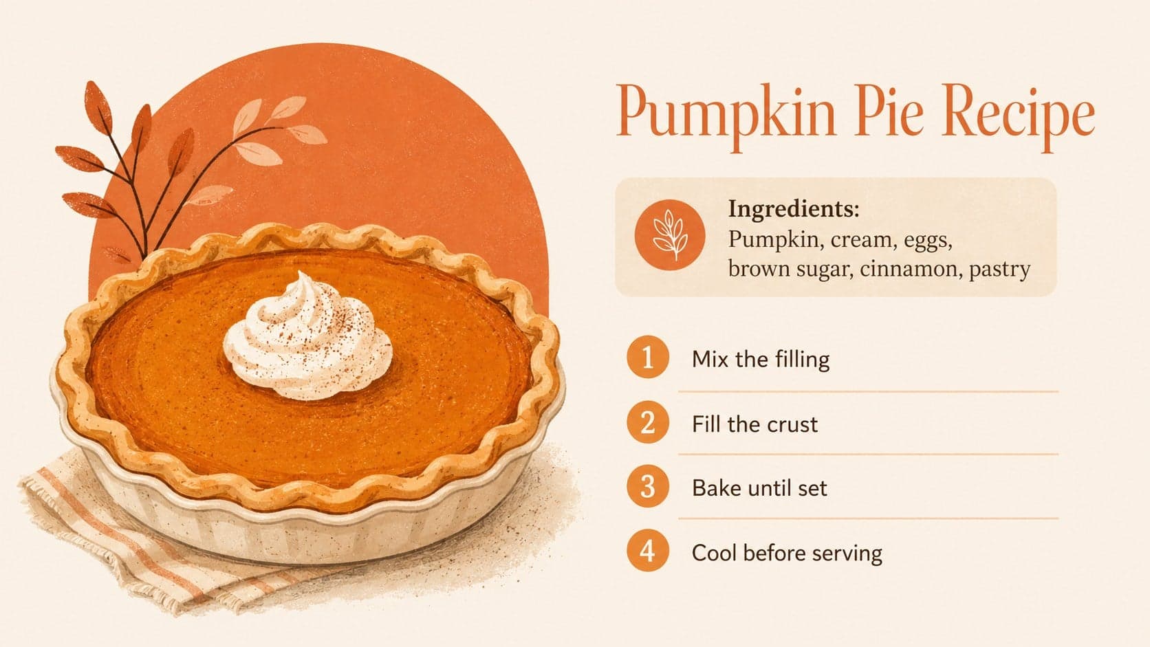 Orange Thanksgiving recipe slide with ingredients and four concise pumpkin pie preparation steps.