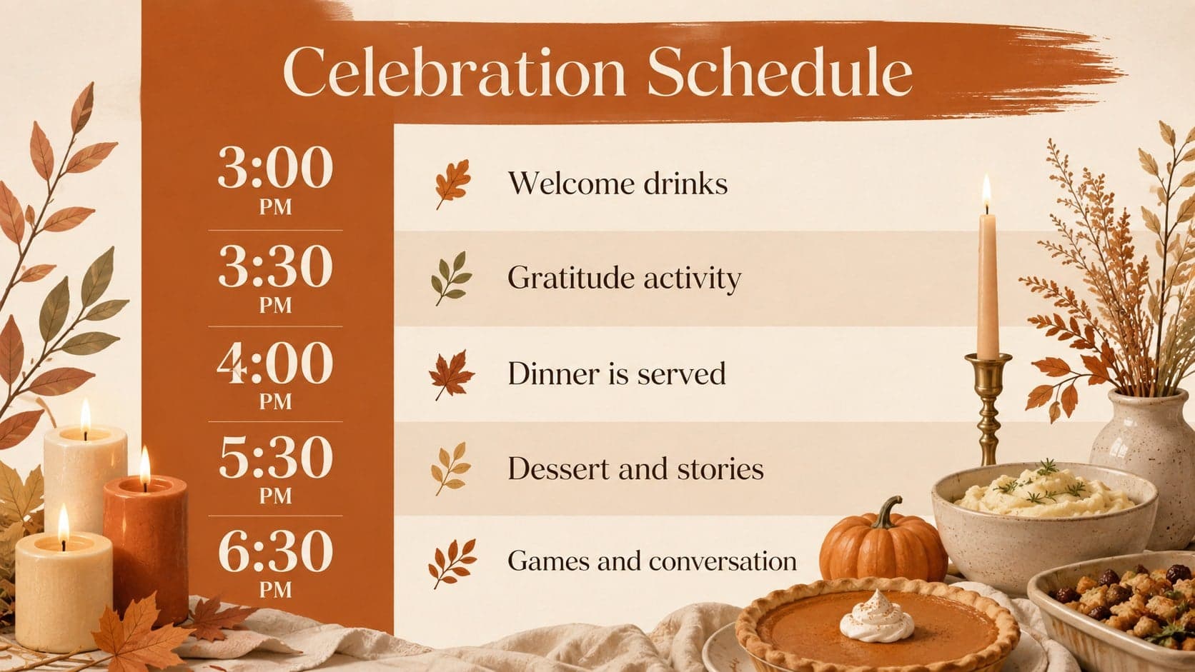 Harvest dinner event deck slide presenting an hour-by-hour Thanksgiving celebration schedule.