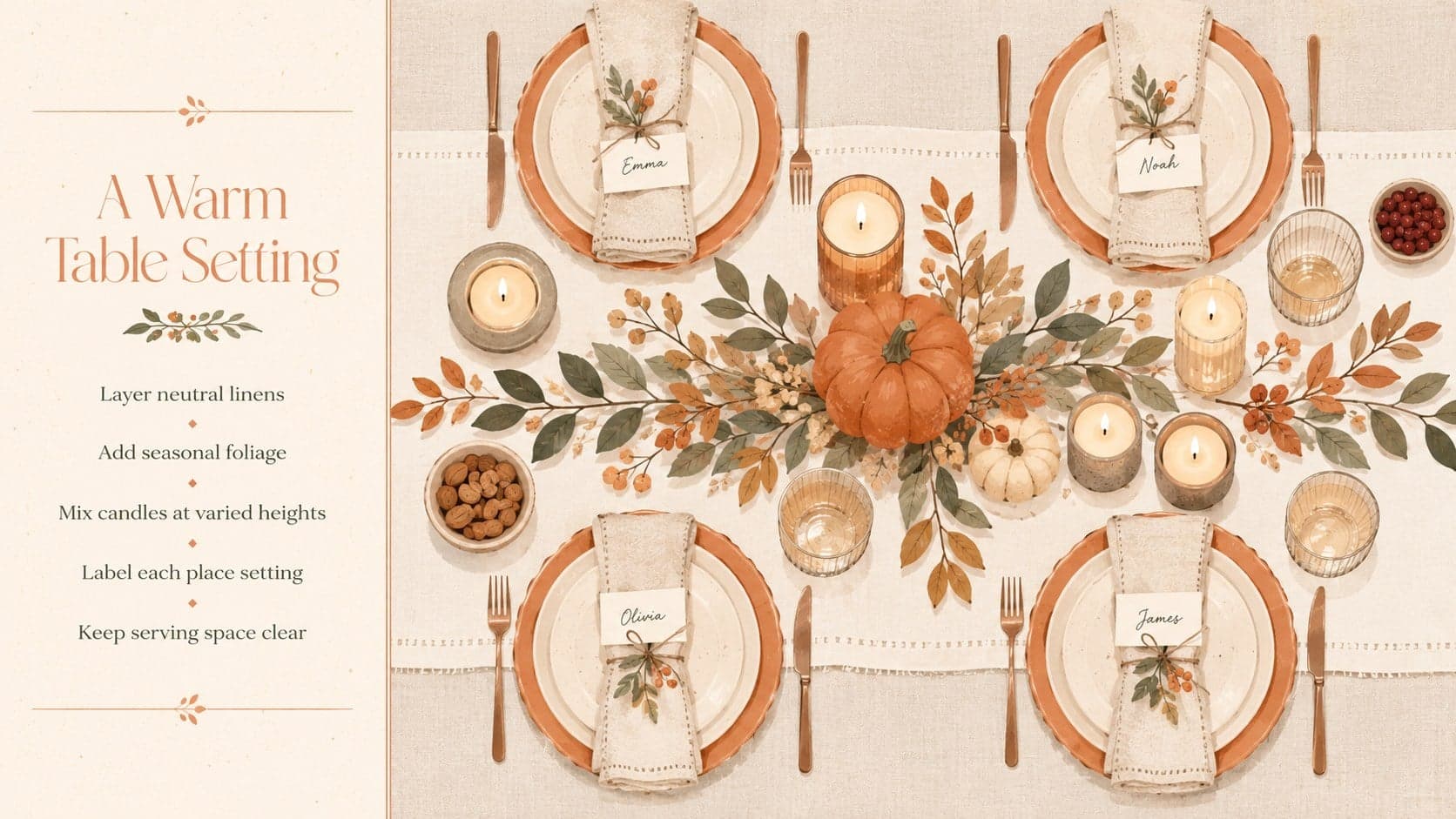 Minimal fall celebration slide with practical tips for creating a warm Thanksgiving table setting.