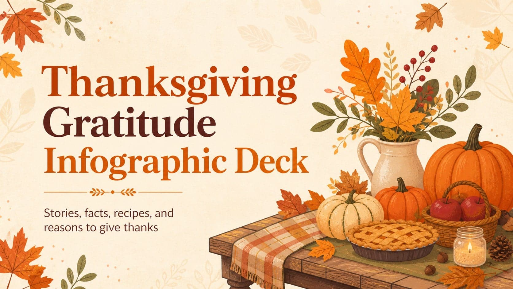 Warm orange cover slide for a Thanksgiving gratitude infographic deck with illustrated autumn food and leaves.